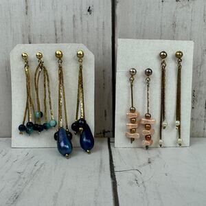 VTG Pink/Blue Beaded Dangle Teardrop Multi-strand, Gold Earring Pearl-like